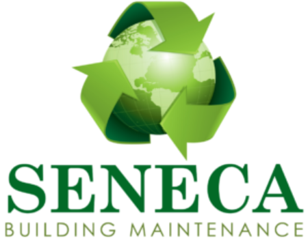 Seneca Building Maintenance logo with green recycling symbol and globe